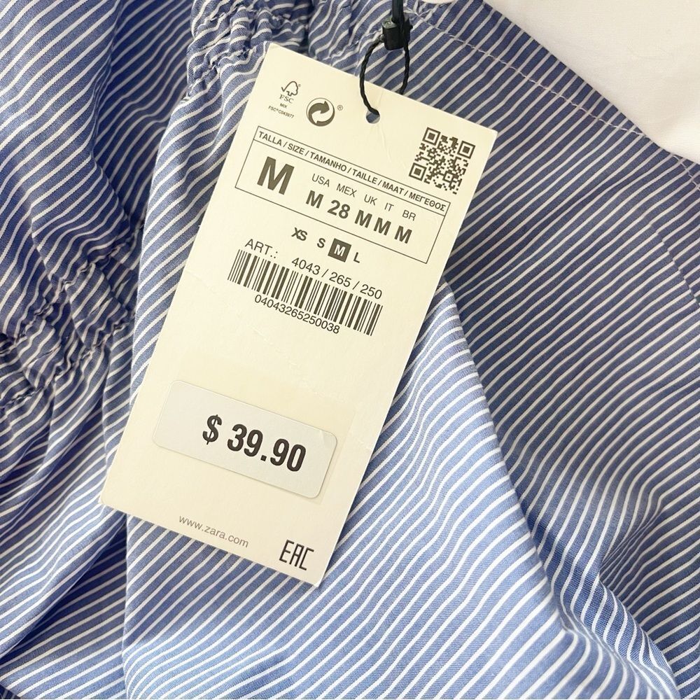 Zara White and Light Blue Ruched Front Short Sleeve Top - Picture 8 of 9